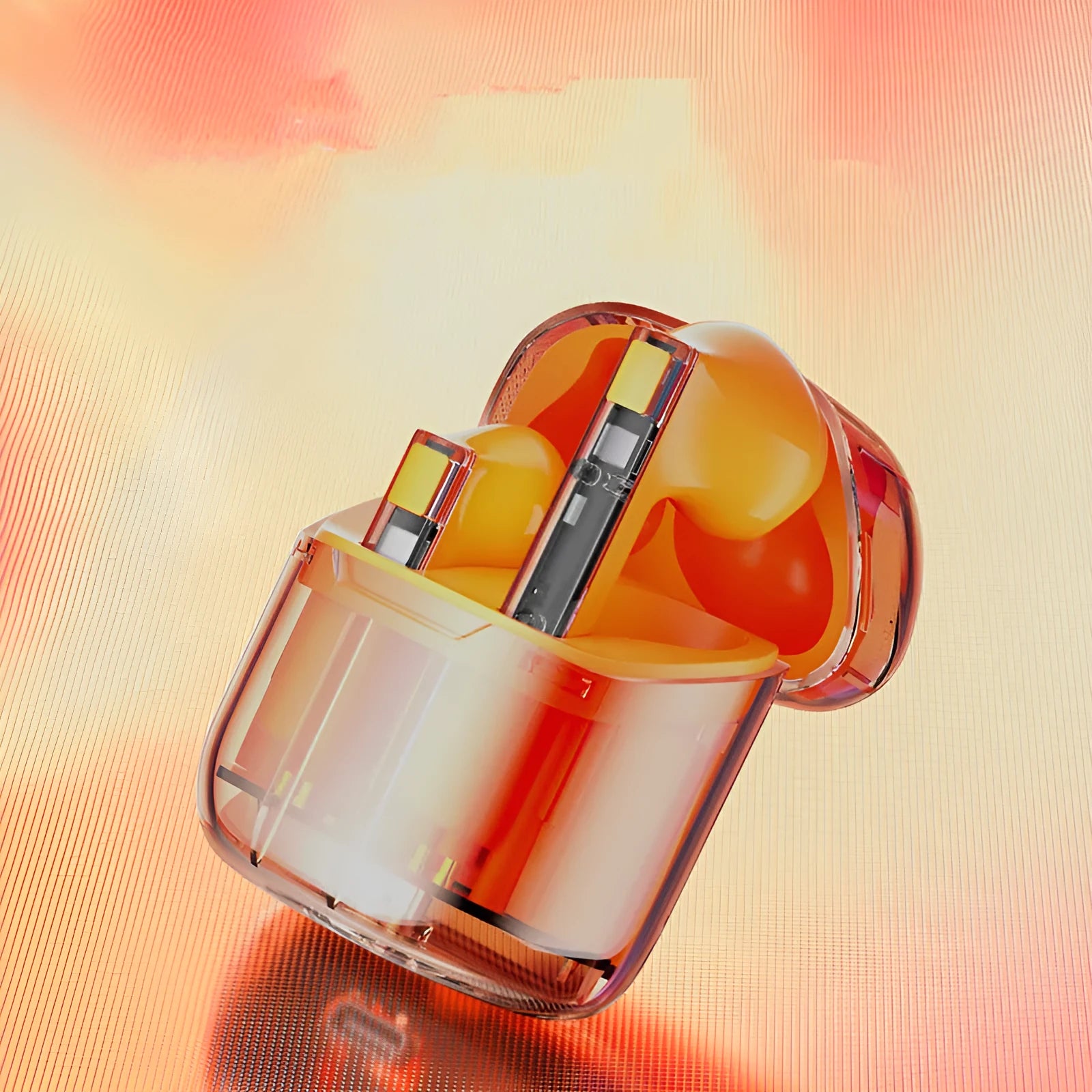 Transparent cabin wireless TWS headphones showing internal components with colour options