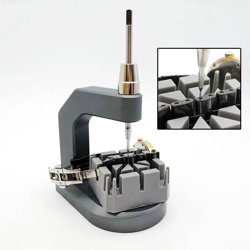Silver tool steel press strap removal tool for watches and jewellery with metric blades.