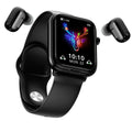 Black zinc alloy smartwatch with 1.69-inch touch screen and magnetic charging case for Bluetooth earbuds.