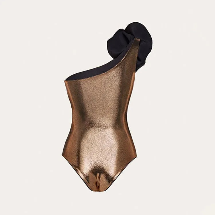 Gold handmade halter one-piece swimsuit with hollow-out detail on the front.