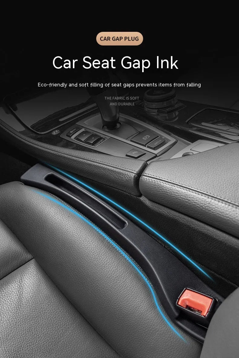 Black and brown plastic car seat gap storage boxes with handles for driver and passenger sides.