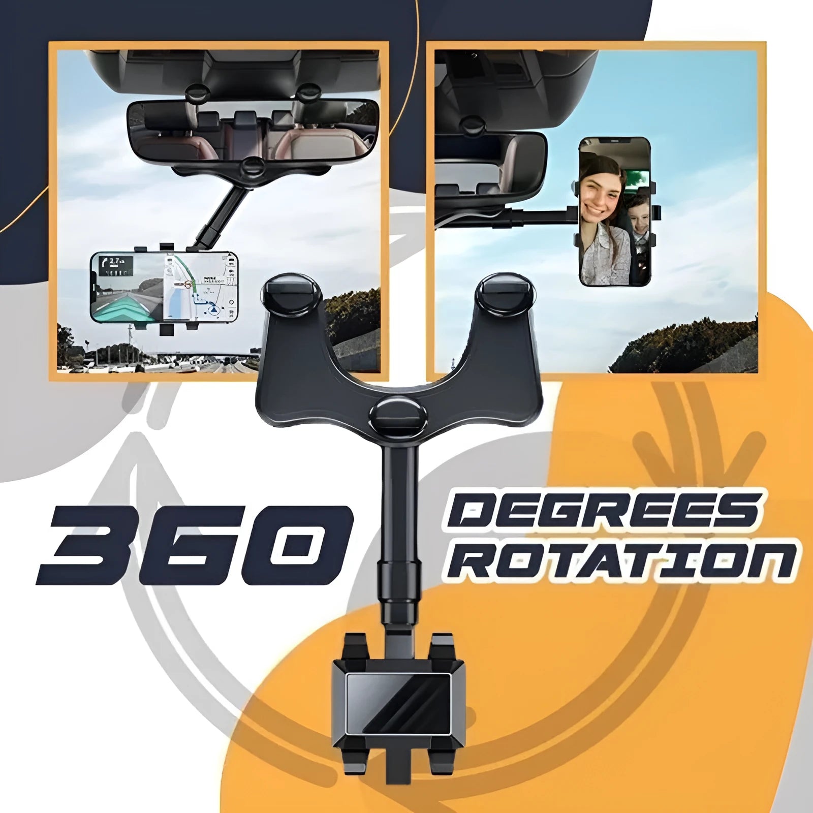 Black rearview mirror car phone holder showing 360-degree rotation and telescopic arm extension.