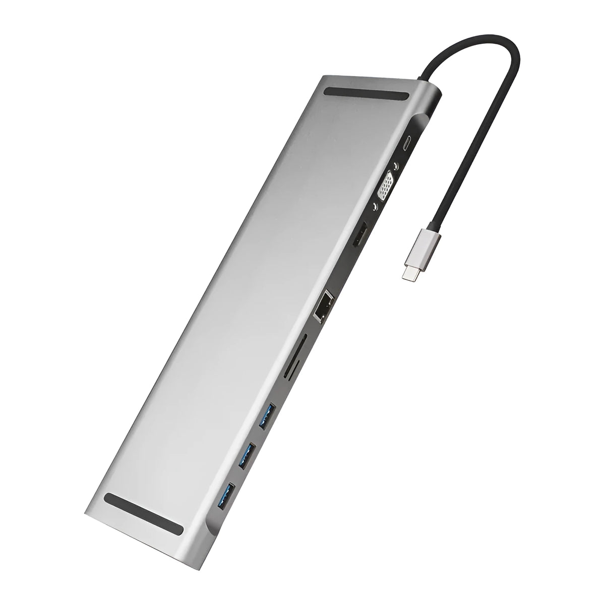 Grey aluminium alloy USB-C docking station with 10 ports and cooling bracket on desktop