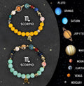 Set of two natural stone beaded bracelets featuring charms for the twelve zodiac signs on elastic cords.