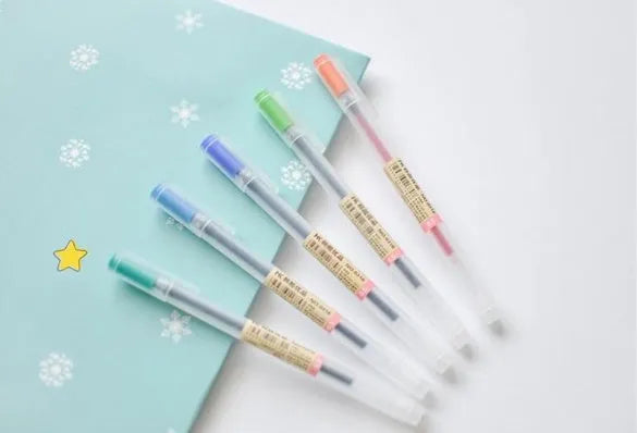 Muji 12-piece gel pen set with 0.5mm nibs and ink prevention mechanism