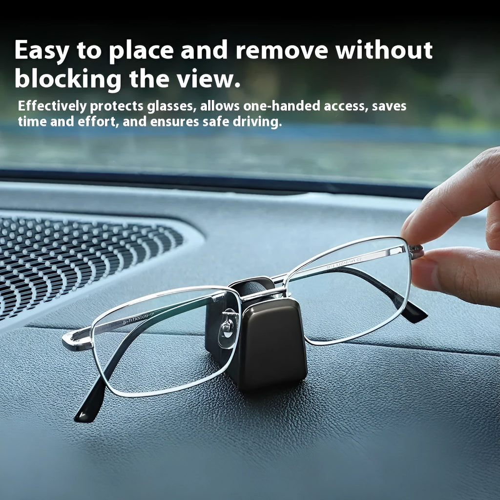 Zinc alloy and leather sunglasses clip holder for car dashboard in black, grey, green, or red.