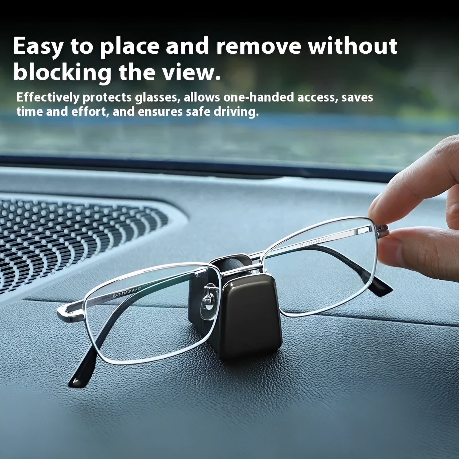 Zinc alloy and leather sunglasses clip holder for car dashboard in black, grey, green, or red.