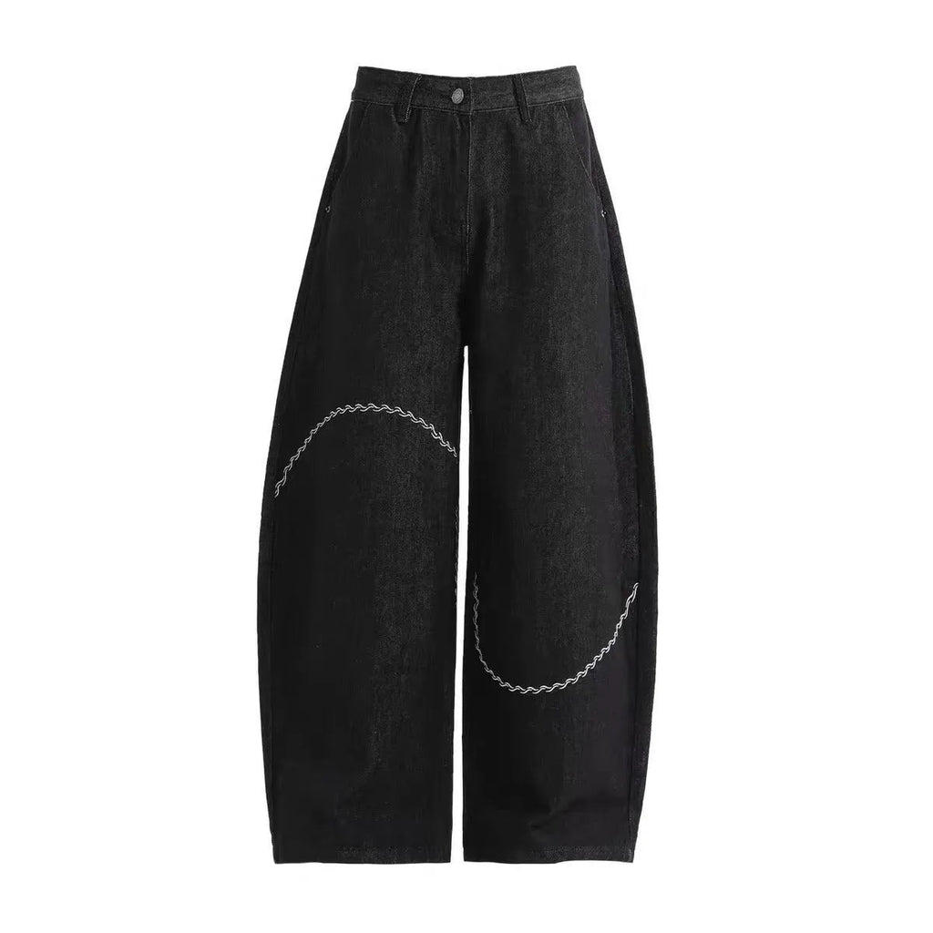 Black straight-leg denim trousers with mid waist design and zip placket closure for teenage daily wear