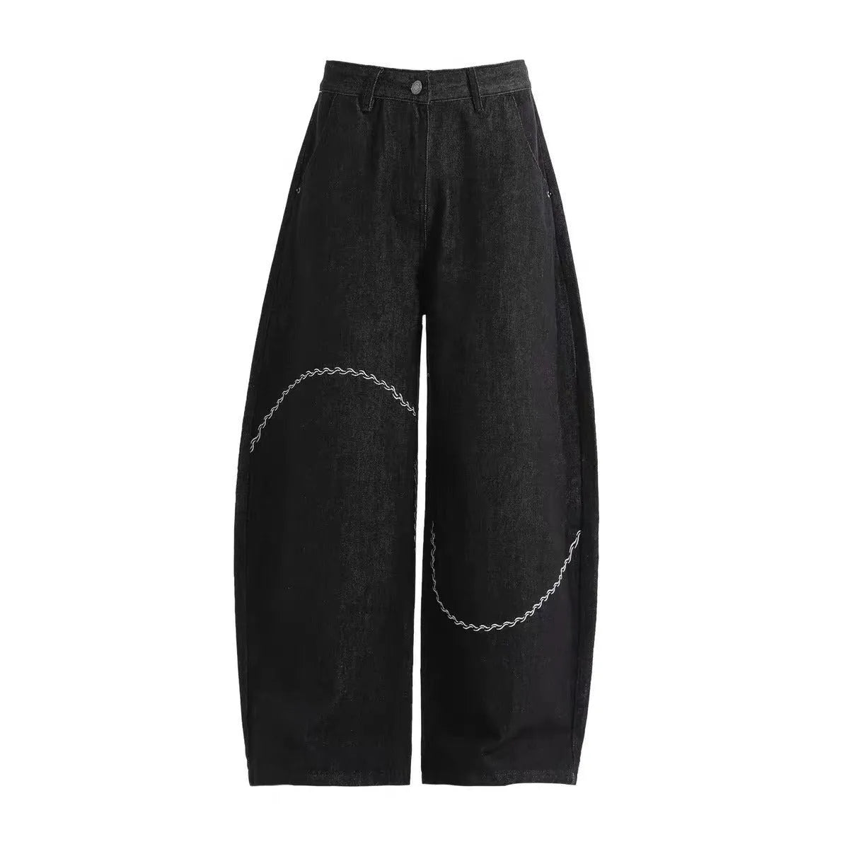 Black straight-leg denim trousers with mid waist design and zip placket closure for teenage daily wear