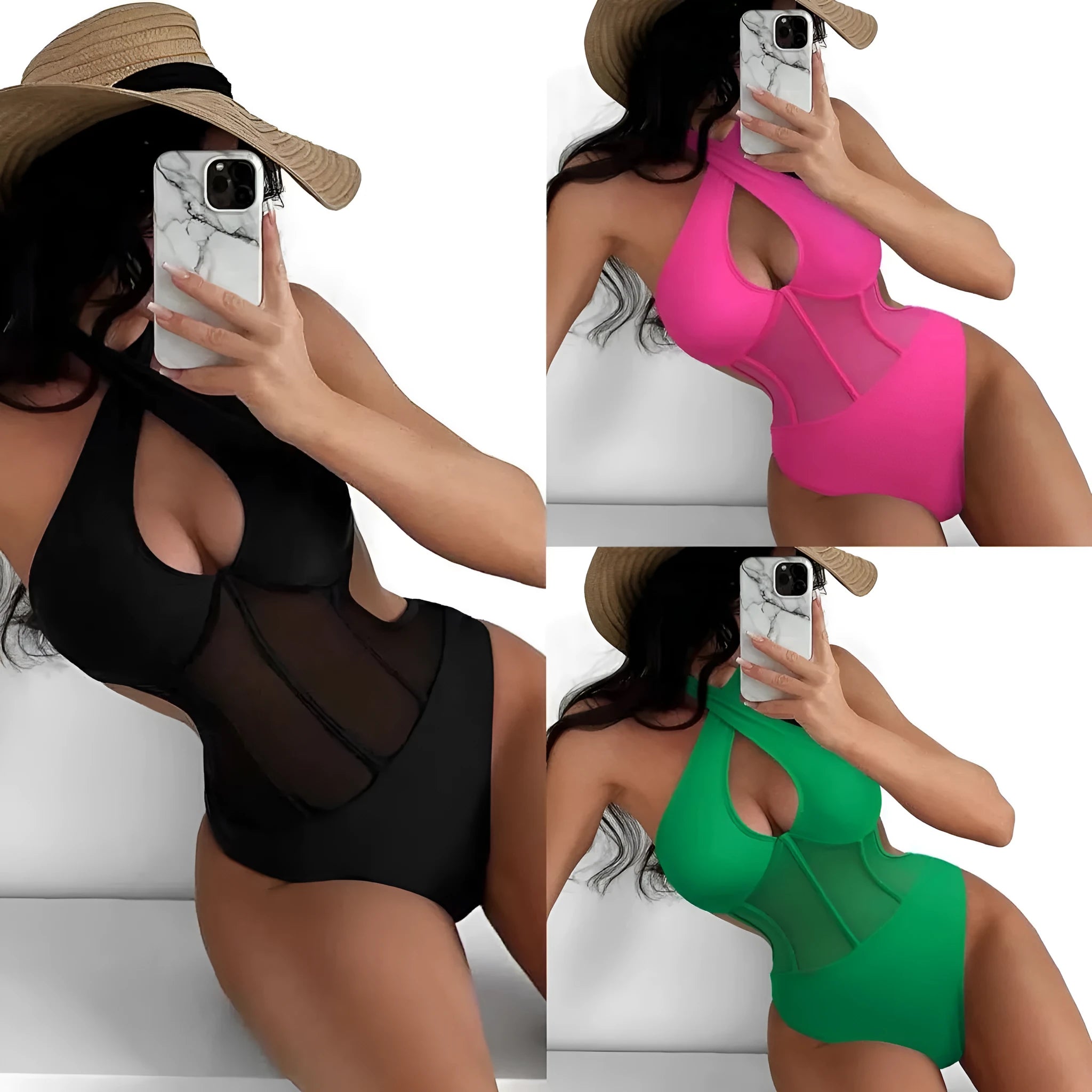 Ladies black one-piece spun yarn swimsuit bikini on a hanger.