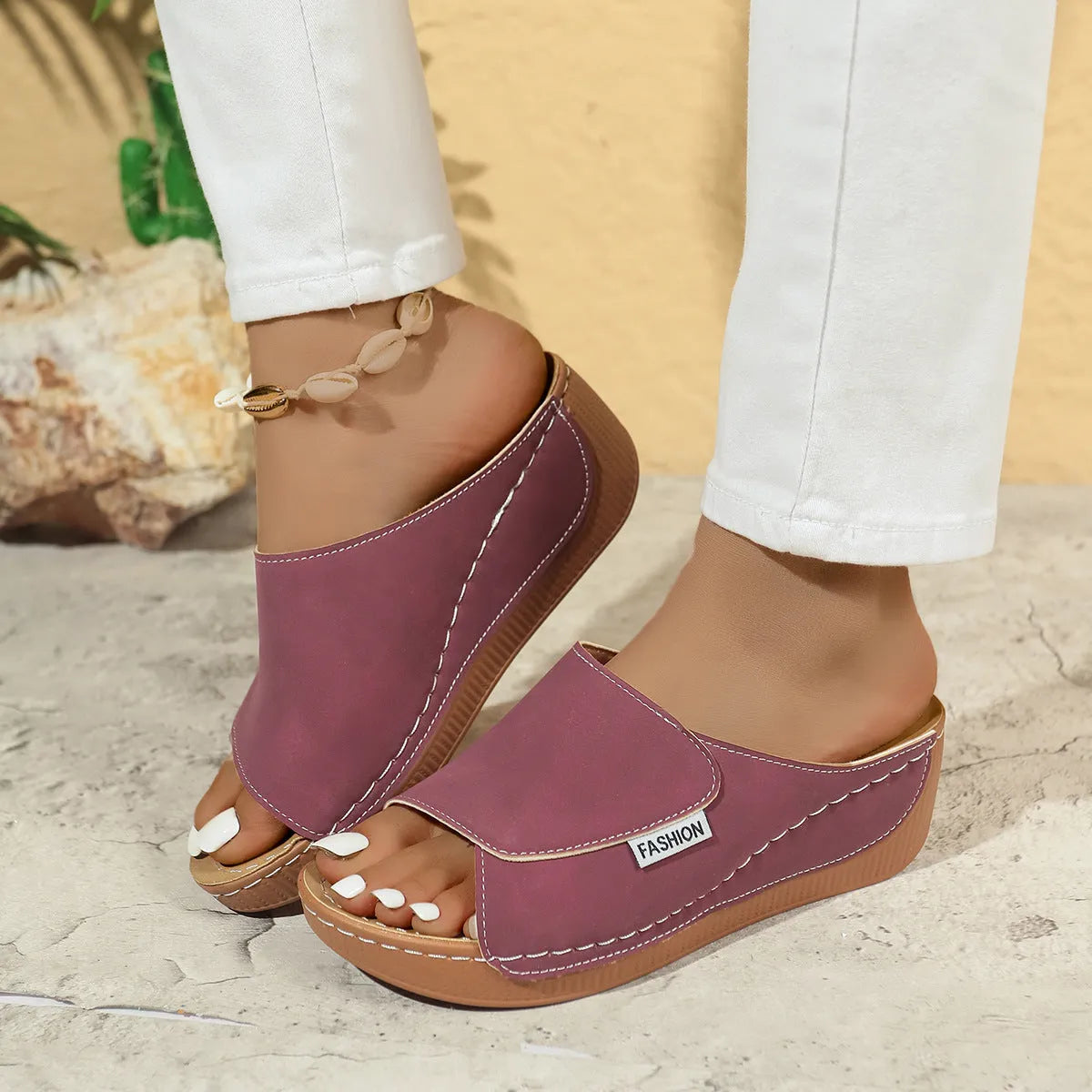 Women's summer wedge sandals fish mouth thick bottom solid colour artificial PU