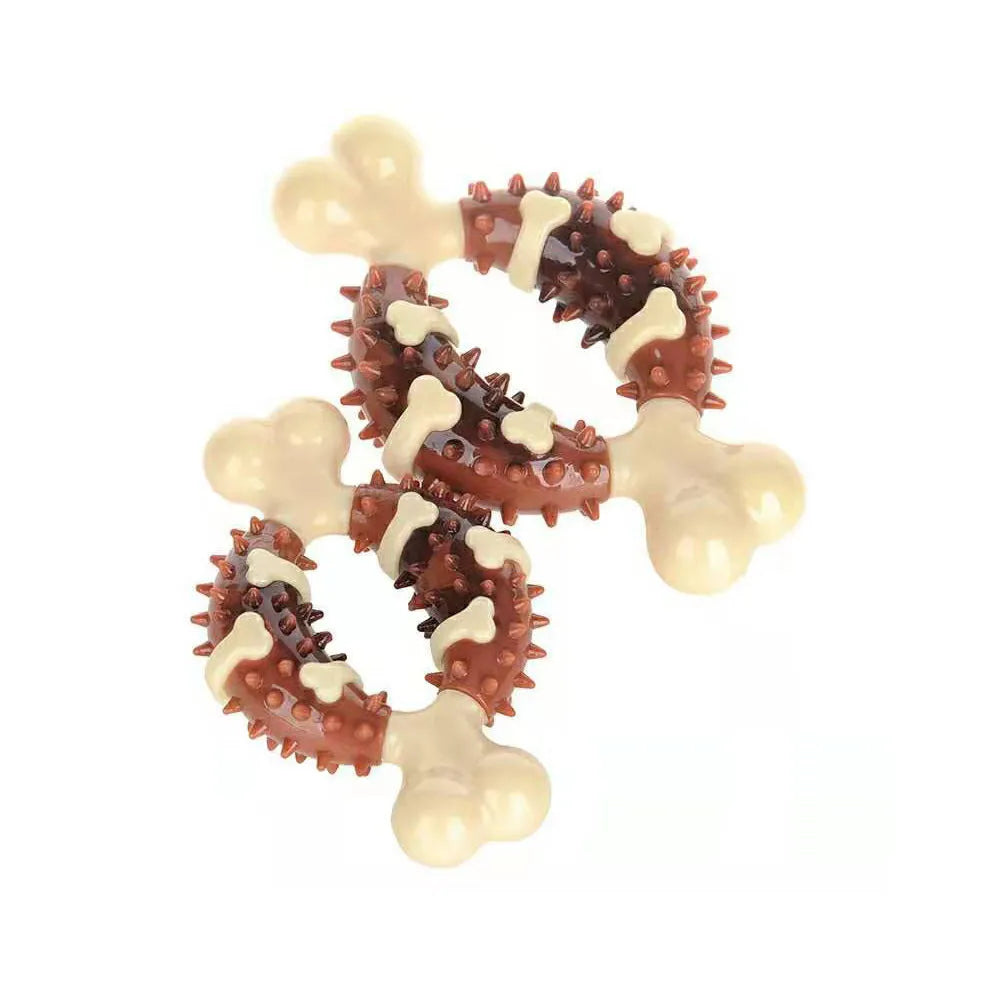 Natural rubber bone-shaped dog teeth grinding chew toy shown in large and small sizes.
