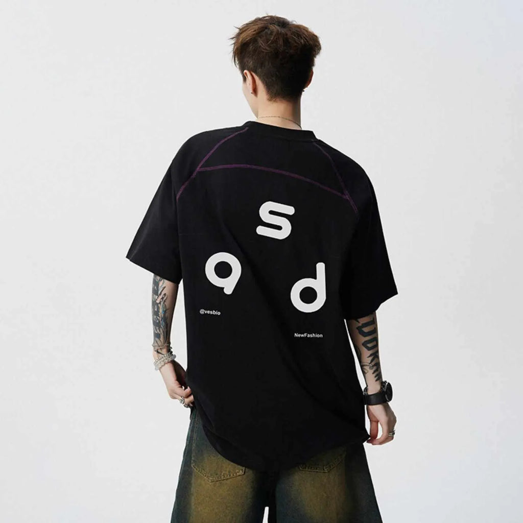 Men's loose fit cotton short-sleeve T-shirt with a printed letter design, shown in available colours.