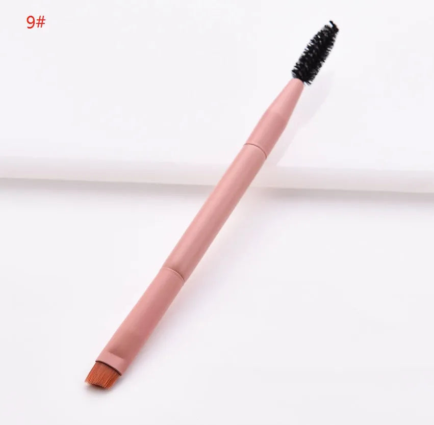 10 professional makeup brushes with wooden handles, including powder, foundation, and double-ended detail brushes.