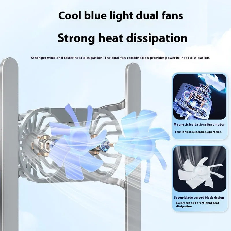 Aluminium alloy portable notebook stand with twin cooling fans in folded position