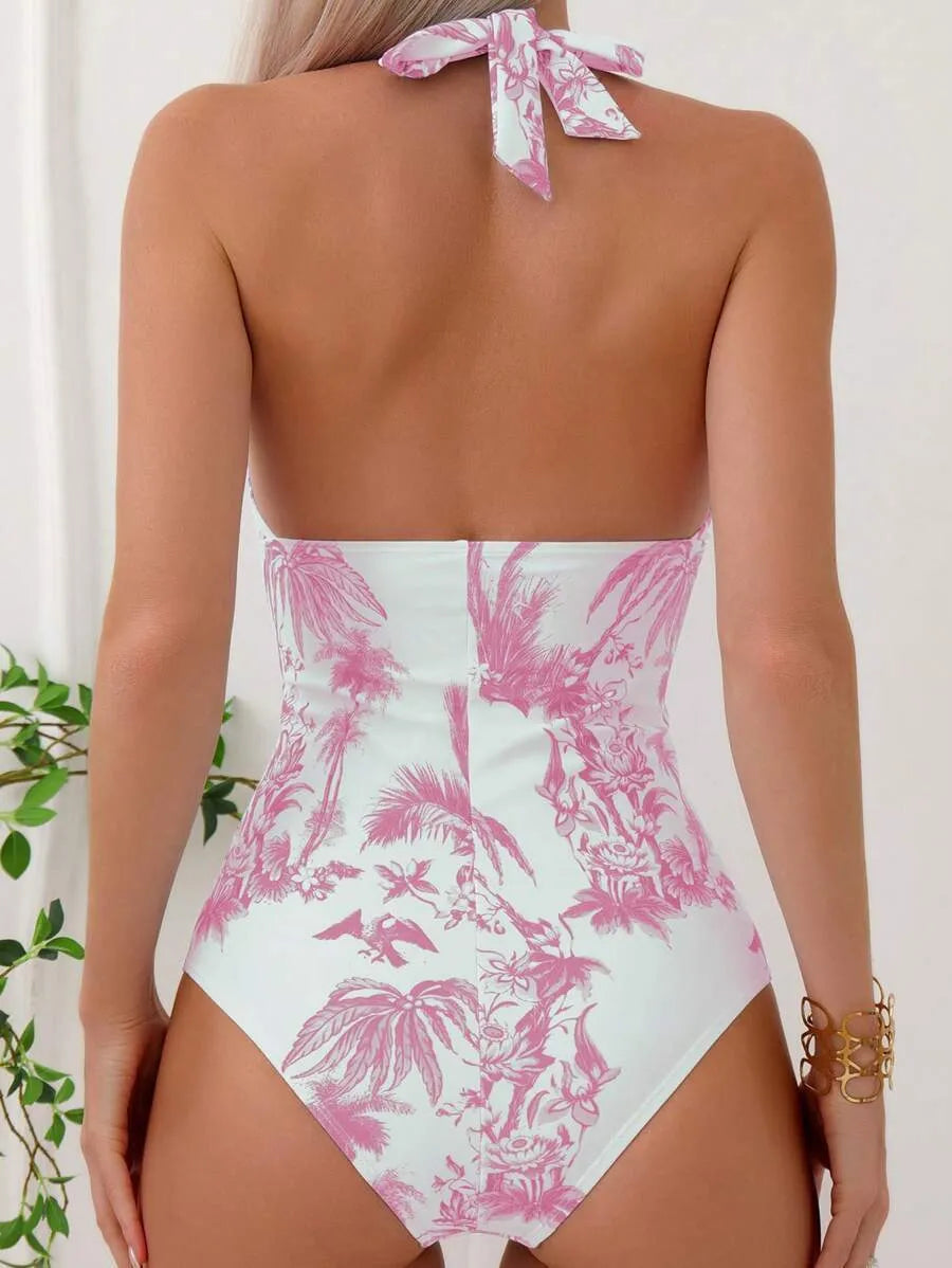 Women's printed V-neck one-piece swimsuit in polyester fabric