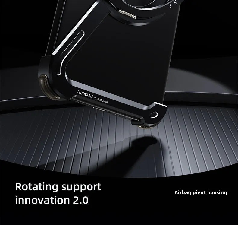 Black metal iPhone 17 Pro Max case with integrated magnetic bracket on the back.
