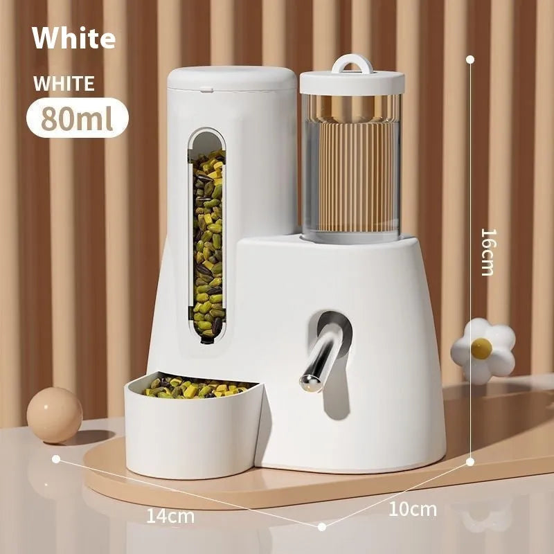 Hamster automatic drinking water feeder with food basin in white, blue or pink colour options