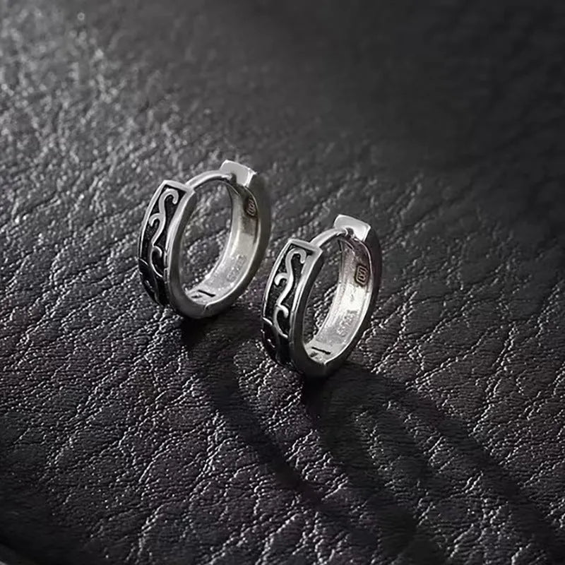 Men's silver geometric copper earrings in 10mm and 14mm sizes, including an auspicious cloud design.