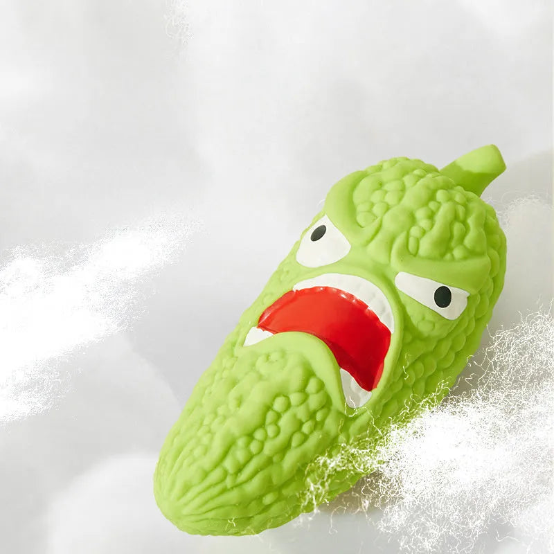 Bitter melon and chili shaped dog chewing toys with textured surfaces for dental cleaning