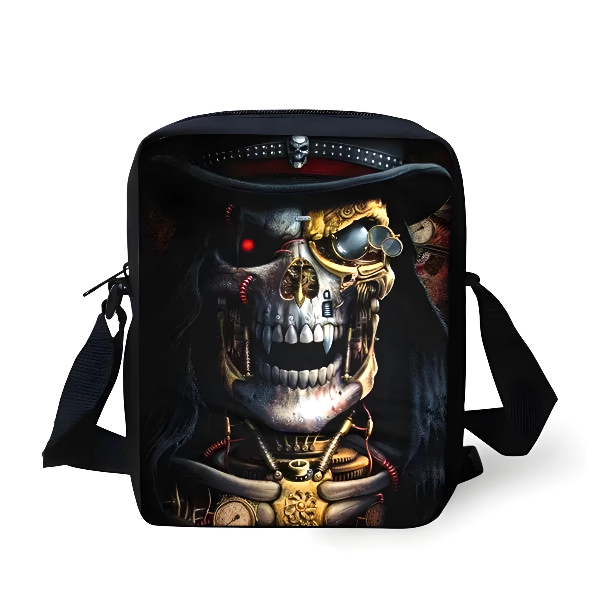 Children's medium messenger bag with skull character patterns showing double shoulder straps and zipper opening