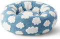Round plaid dog bed on a plastic base, shown in sea blue and white check pattern.