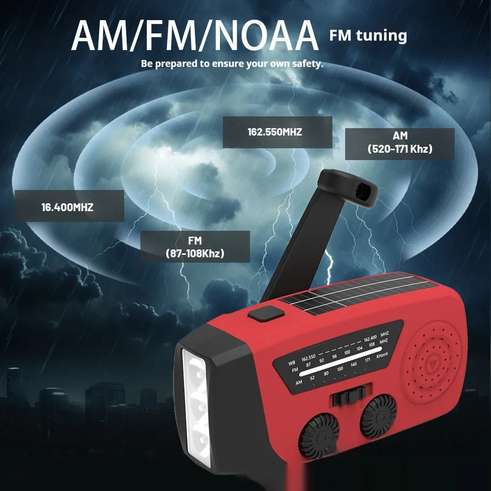 Red rechargeable emergency hand radio and torch with USB port, wrist strap, and display screen.