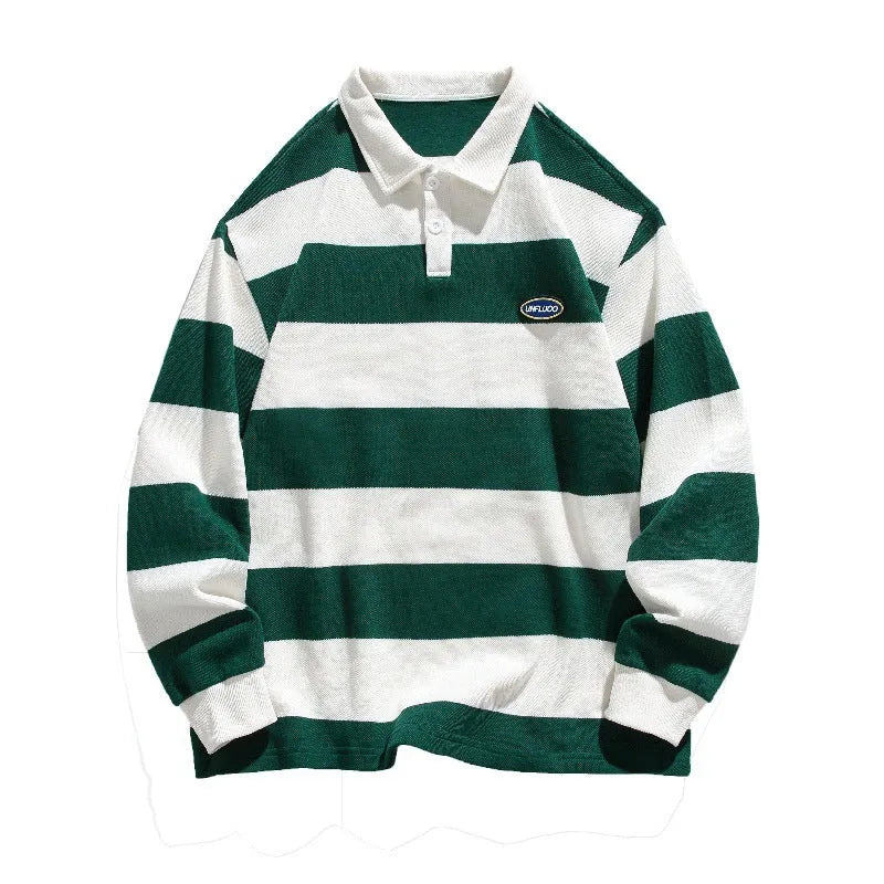 Hong Kong style lapel polo shirt in pearl cotton with stripe detailing and loose fit