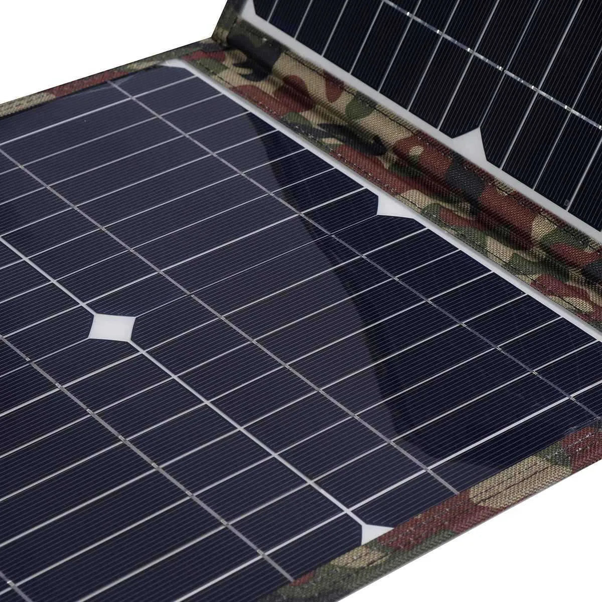 Black foldable 36W portable solar panel unfolded, showing three monocrystalline panels with included car charger and USB hub