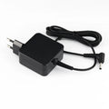 Black 45W laptop power adapter with US and EU plug options showing compact dimensions