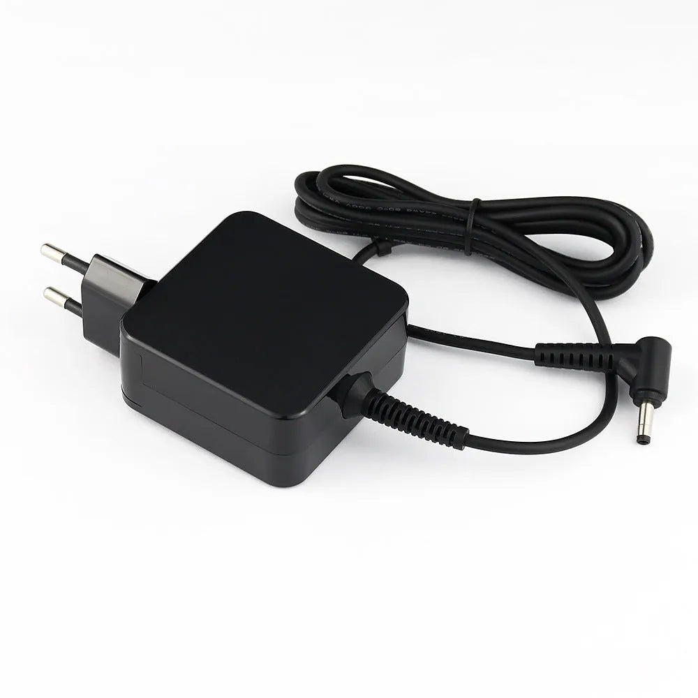 Black 45W laptop power adapter with US and EU plug options showing compact dimensions
