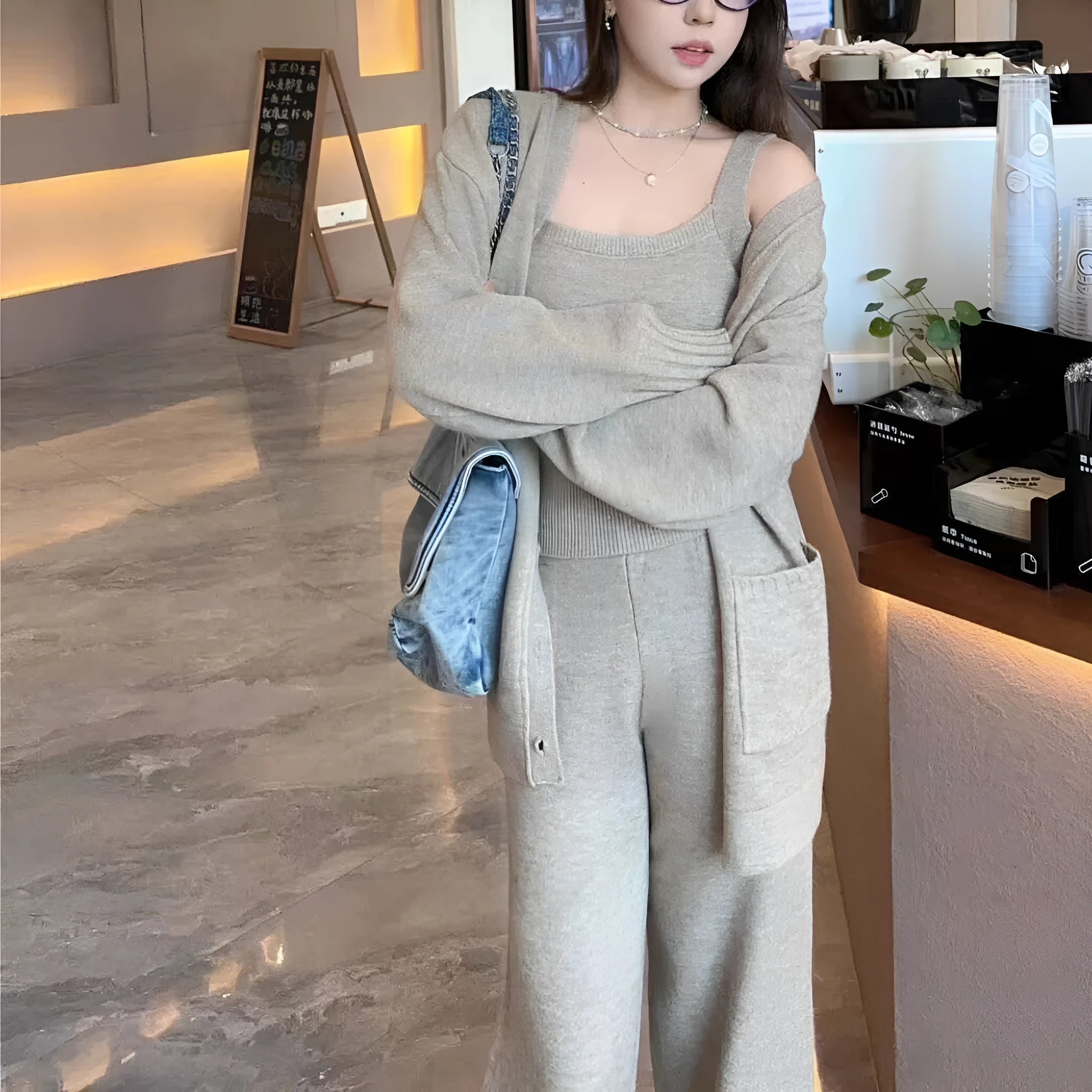 Women's knit cardigan vest suspender pants three-piece set in beige wool blend fabric