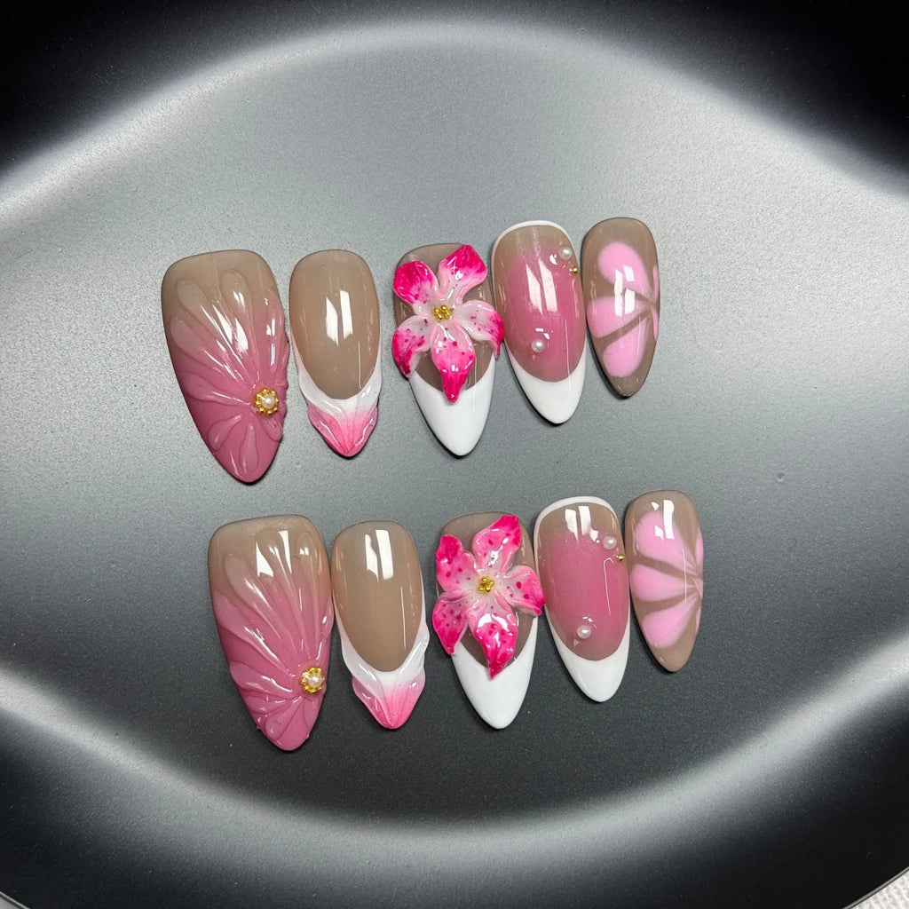 French style false nails with three-dimensional lily ice flower decoration in almond shape