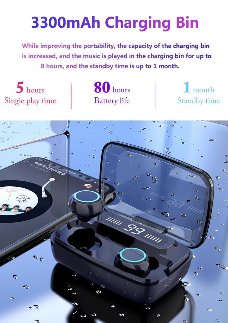 Black M11 Bluetooth wireless headset with charging case and integrated mobile phone holder.