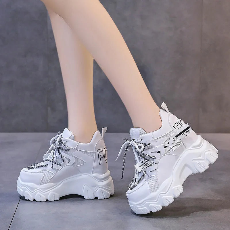 Women's white breathable mesh platform tennis shoes with cross-strap and 6-8cm heel