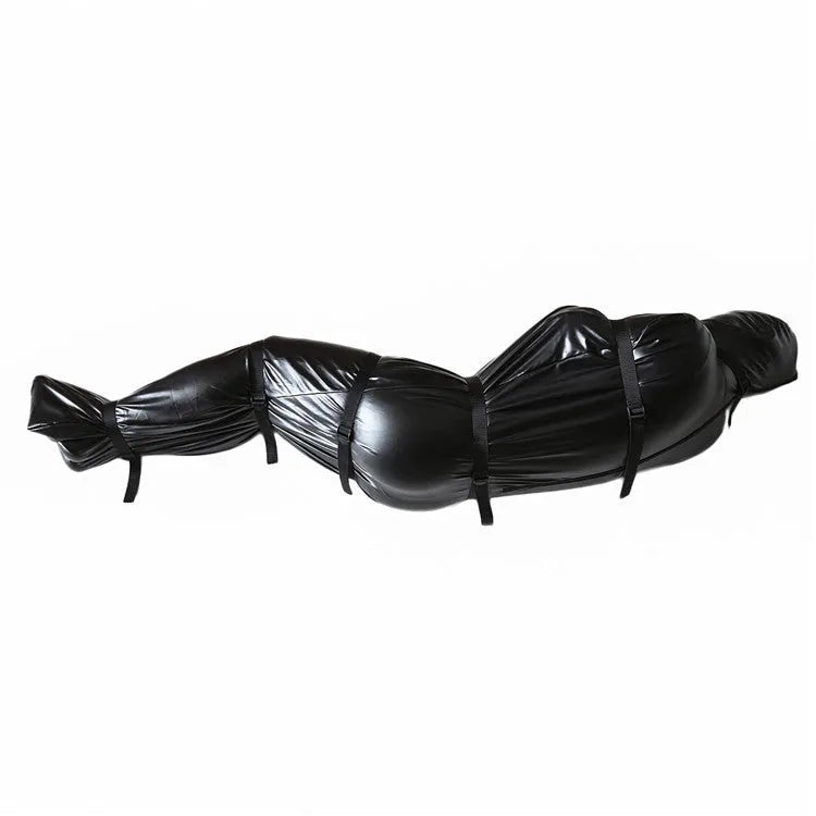 Black patent leather bondage clothing set with full body wrap and six ratchet tie-down straps