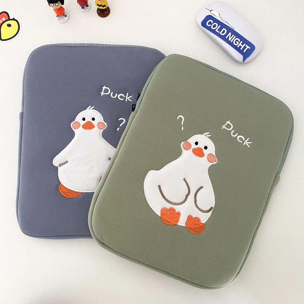 Blue cotton tablet case with cartoon duck embroidery design and zipper closure