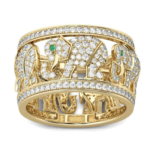 Alloy elephant charm ring with diamond details in electroplated finish showing size options