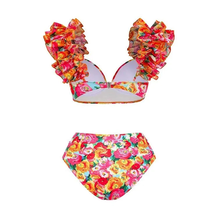 Floral pattern women's push up bikini with high waist design and split styling