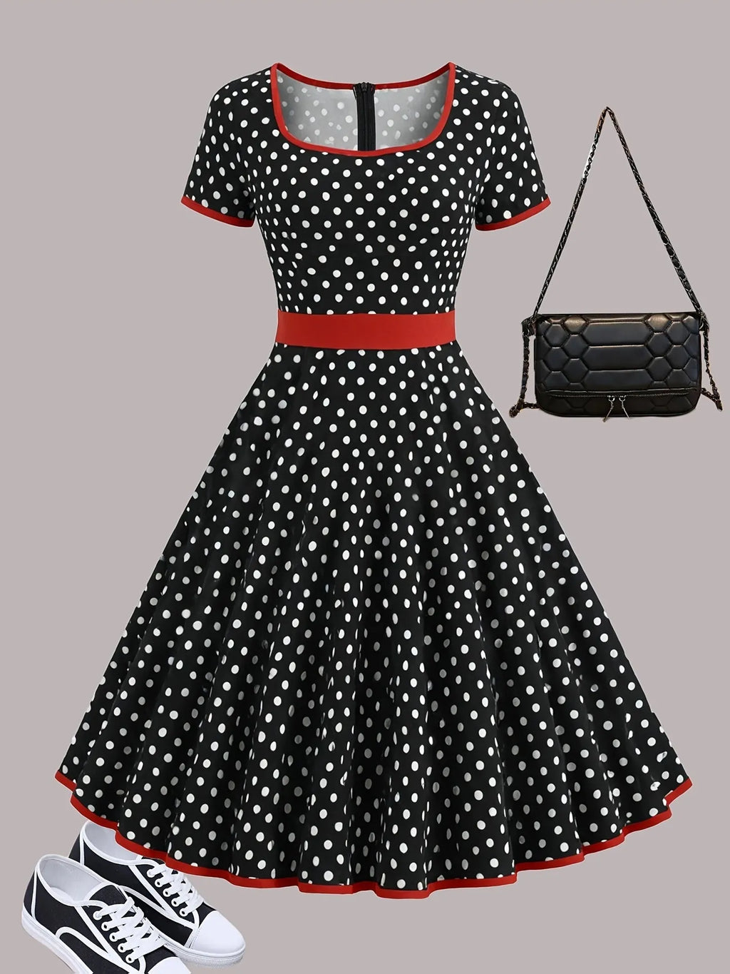 Polka dot dress with square collar, short sleeves, front zipper, and pleated mid-length skirt in multicolour pattern