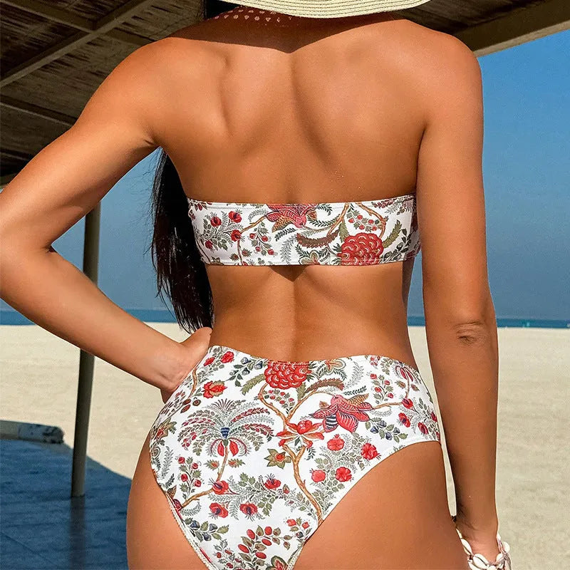 Women's printed bandeau swimsuit with triangle top and matching shorts on mannequin