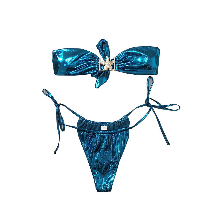 Women's glossy gold starfish print tube top bikini set in blue or pink