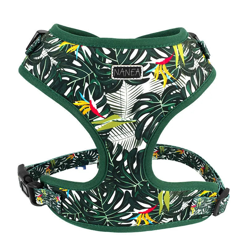 Adjustable cloth dog harness set with rope, collar, waste bag, bow tie and triangular scarf accessories