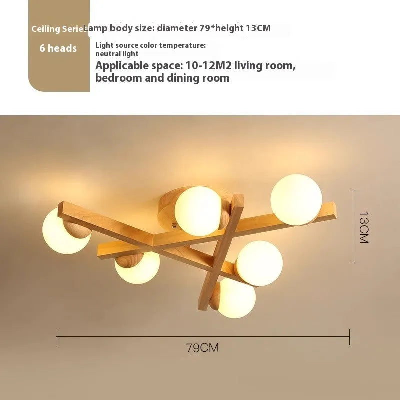 Wooden style ceiling lamp with three light heads in modern living room setting