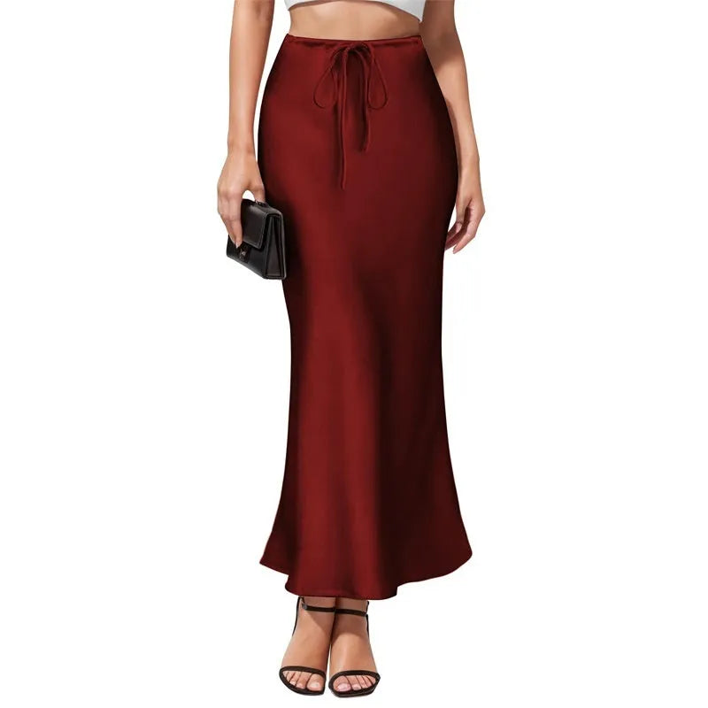 Asymmetric acetate satin skirt with high waist and irregular hemline stitching in six colour options
