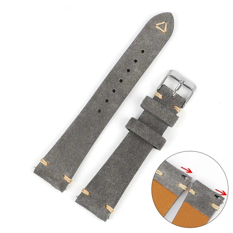 Suede genuine leather watch strap shown in brown, blue, grey, and Army Green colours for 20mm and 22mm watches.