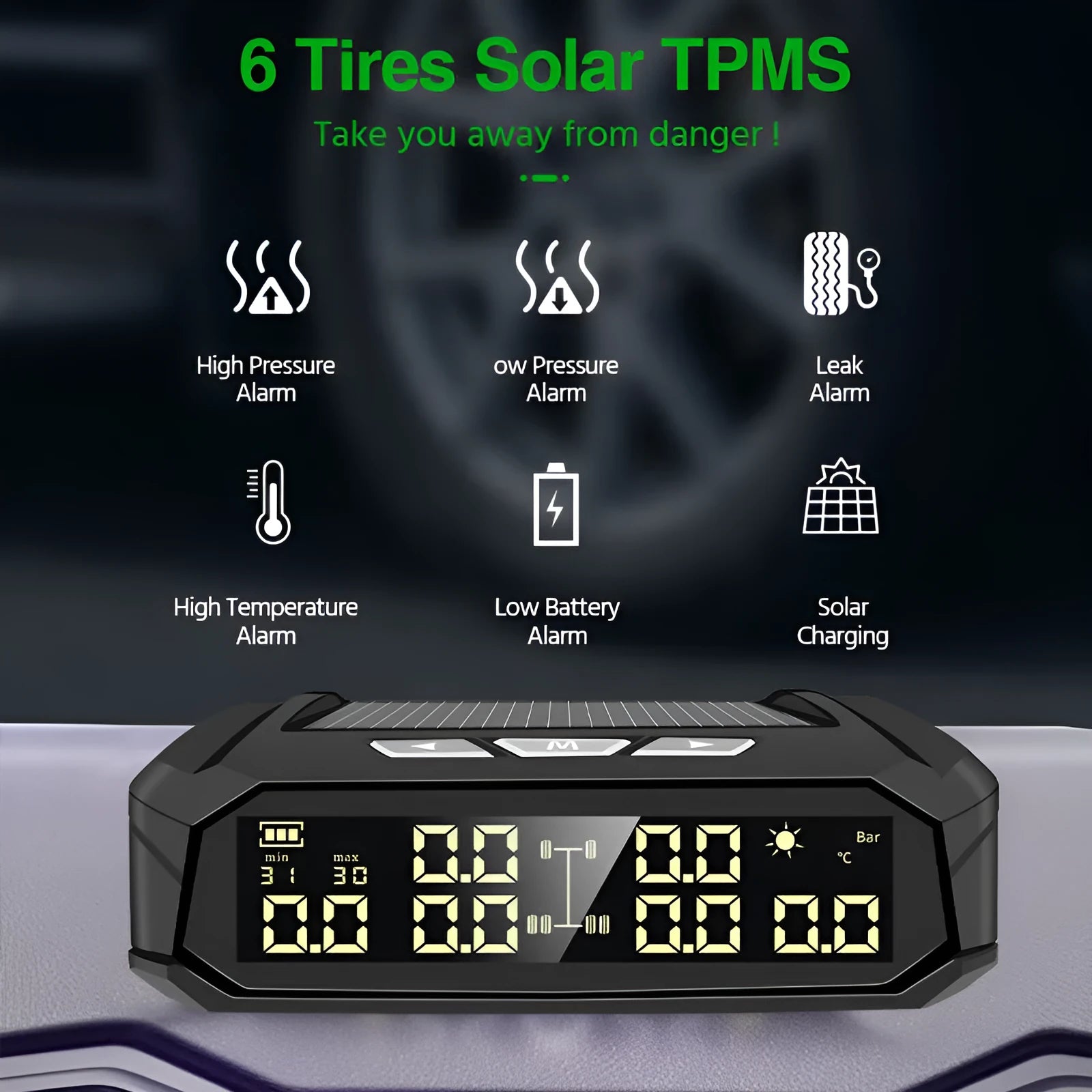 Solar-powered external tyre pressure monitor for six-wheel RVs and trucks with colour display