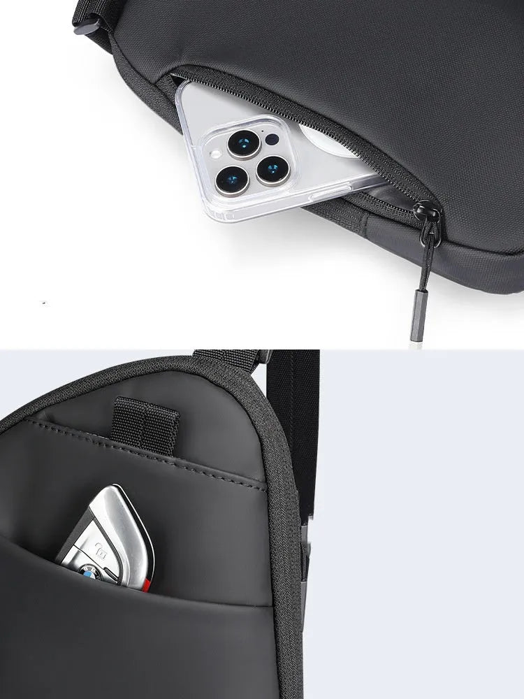 Men's black Oxford cloth crossbody bag showing reinforced stitching and simple design