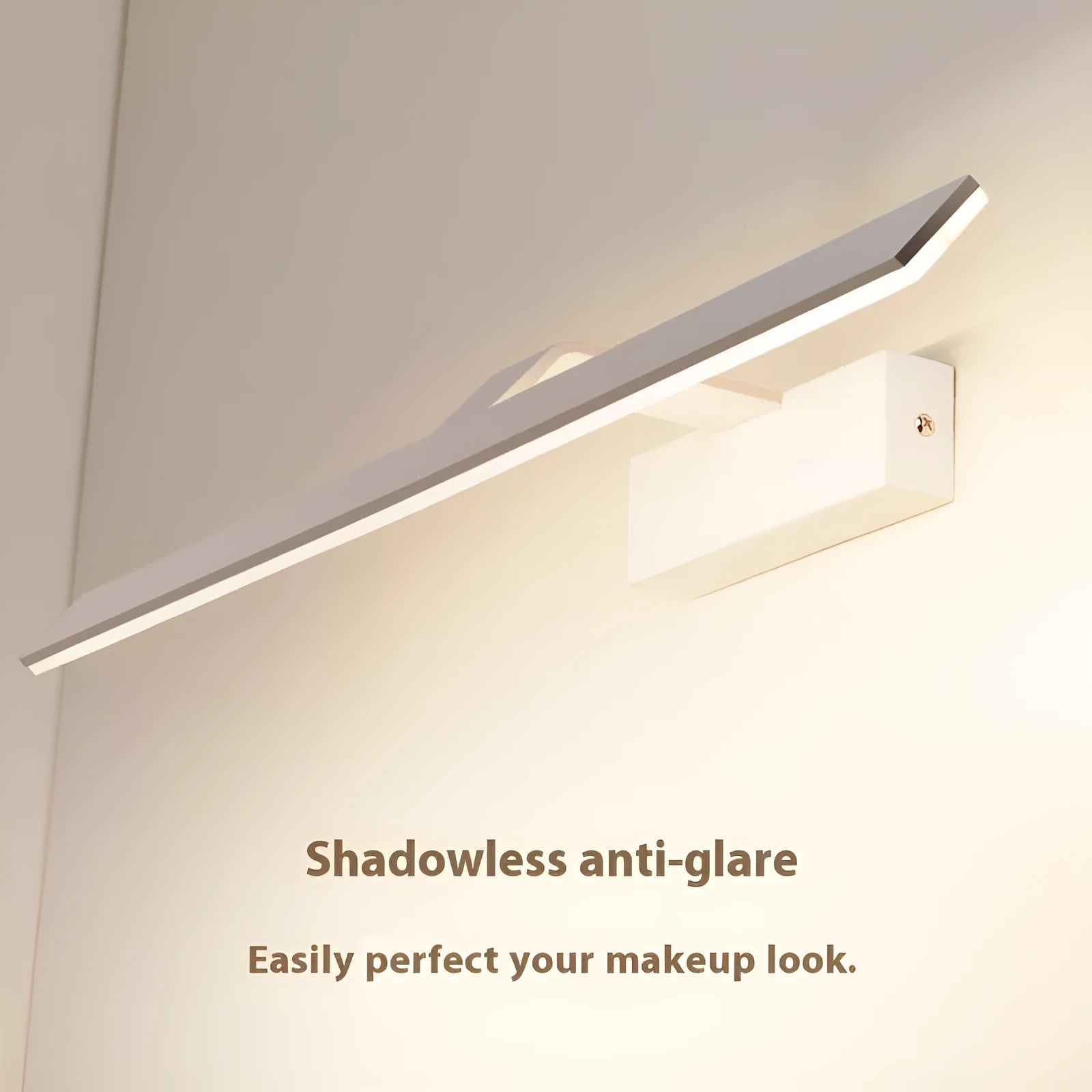 White rectangular LED mirror headlight with three colour light settings for bathroom or makeup use