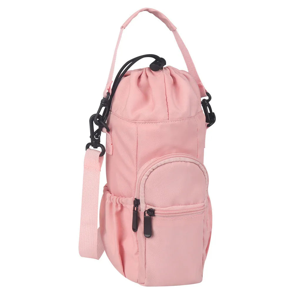 Canvas water bottle pouch with crossbody strap in black, green or pink colours